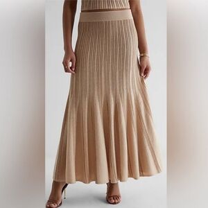 EXPRESS Ribbed High Waisted Fit and Flare Midi Knit Skirt  - Pink Metallic Size
